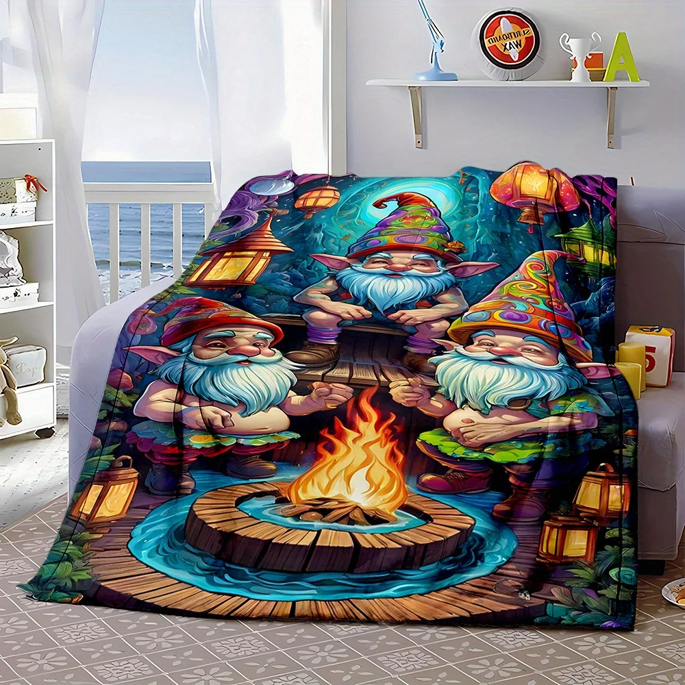 Colorful Three Garden Gnomes Campfire Lantern Fantasy Forest Print Soft Flannel Blanket Holiday Throw for Sofa Bedroom Home Use