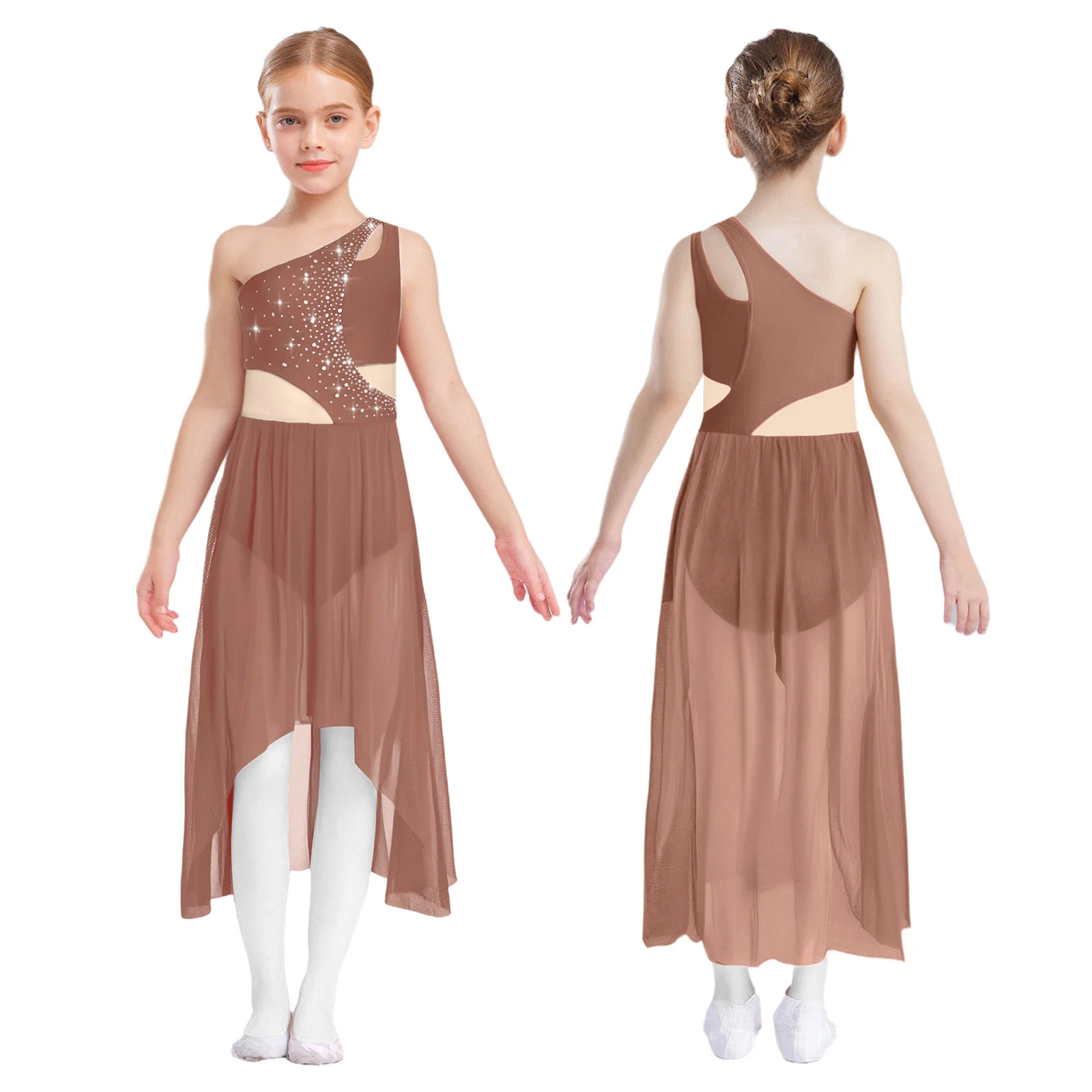 

Kids Girls Modern Lyrical Dance Dress Ballet Gymnastic Figure Skating Contemporary Dancewear Rhinestones Sleeveless Mesh Leotard