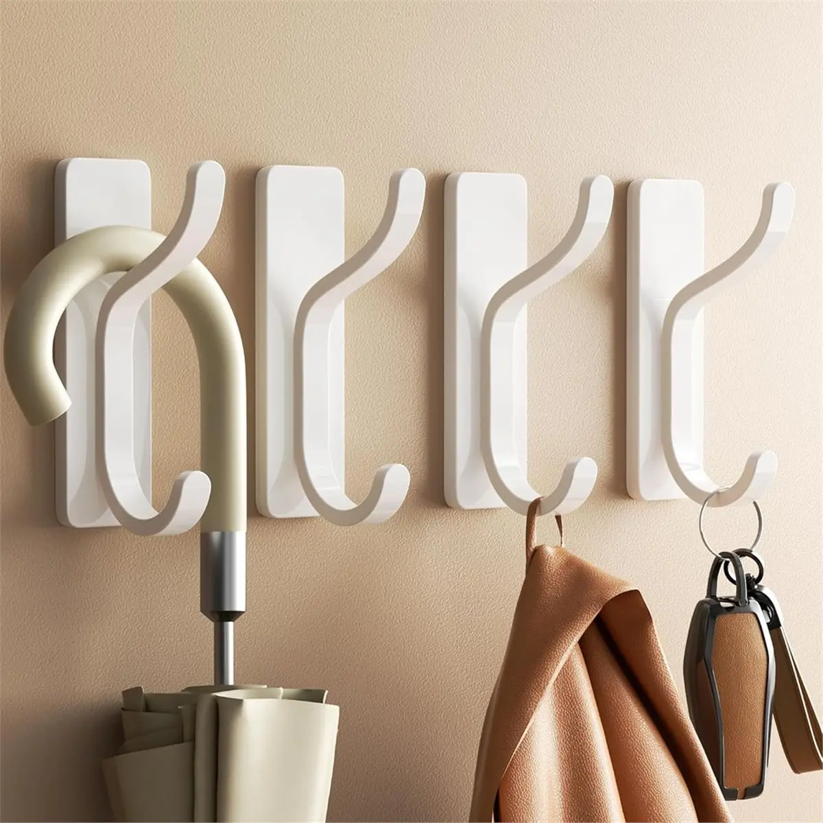 Adhesive Wall Coat Hooks-Heavy Duty Stick-on Door Hanger,Metal Hook for Hanging Towel,Purse,Backpack,Clothe-White,4 Pack
