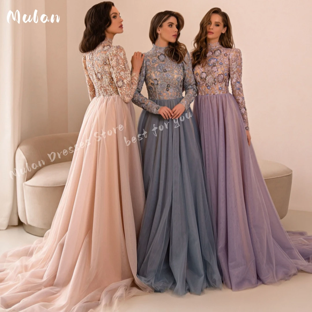 

High Collar Embroidery Beaded Evening Dresses 2024 Long Sleeves A-line Elegant Formal Occasion Dresses For Prom Tulle Party Gown