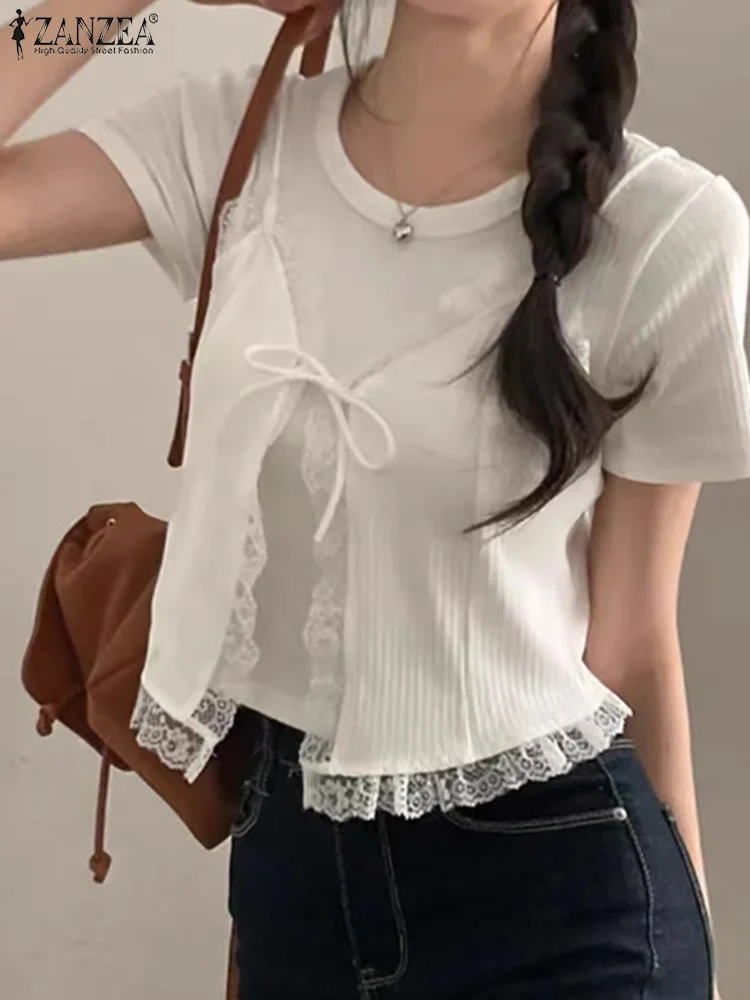 ZANZEA Damskie Koszulki Letnie z Krótkim Rękawem Tuniki Koronkowe Łączone Bluzki Moda 2025 Udające Dwuczęściowe T-shirty Codzienne Dzianinowe Bluzki Koszulowe