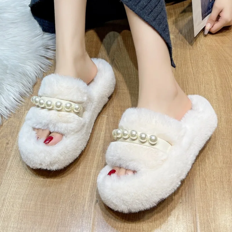 Womens Thick Bottom Plush Slippers Elegant Solid Color Indoor Open Toe Slippers Pearl Decoration 2024 New Winter Cotton Slippers