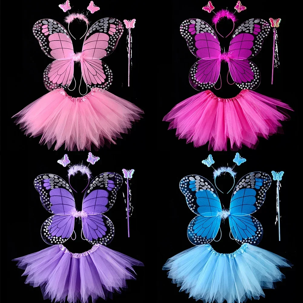 3/4Pcs Adult Kids Fairy Costume Set Simulation Butterfly Wings Pointed Headband Wand Princess Girls Party Dress Up Christmas