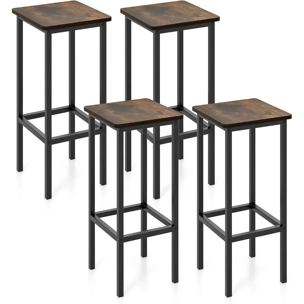 Set of 4 Industrial-Style Counter Height Bar Stools with Footrest, Rustic Brown Finish, Suitable for Breakfast Bar, Kitchen Isla