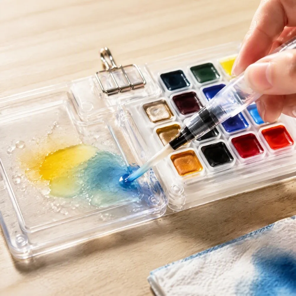 DIY Mini Watercolor Paint Palette Foldable Waterproof Paint Pigment Box with Clip Portable Travel Painting Tray Artist