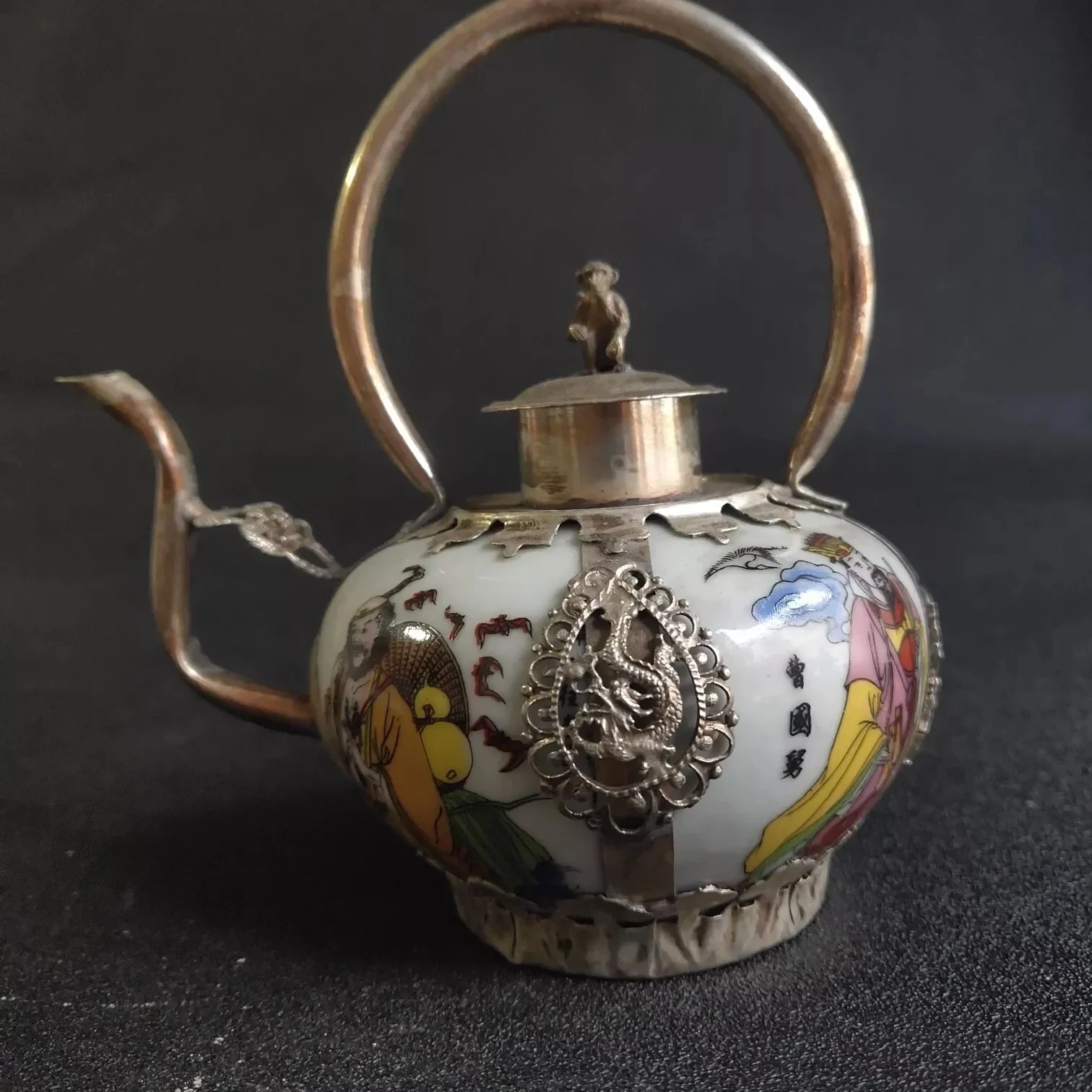 Rare Chinese Porcelain Tibet-silver Handmade Painting Eight Immortals Teapot
