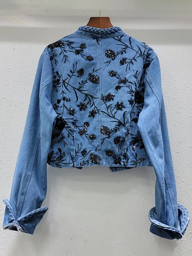 Women's Denim Coats Embroidery Sequins Flowers Buttonless Irregular Collar Twist Jackets 2024 Autumn New Fashion 33A1261