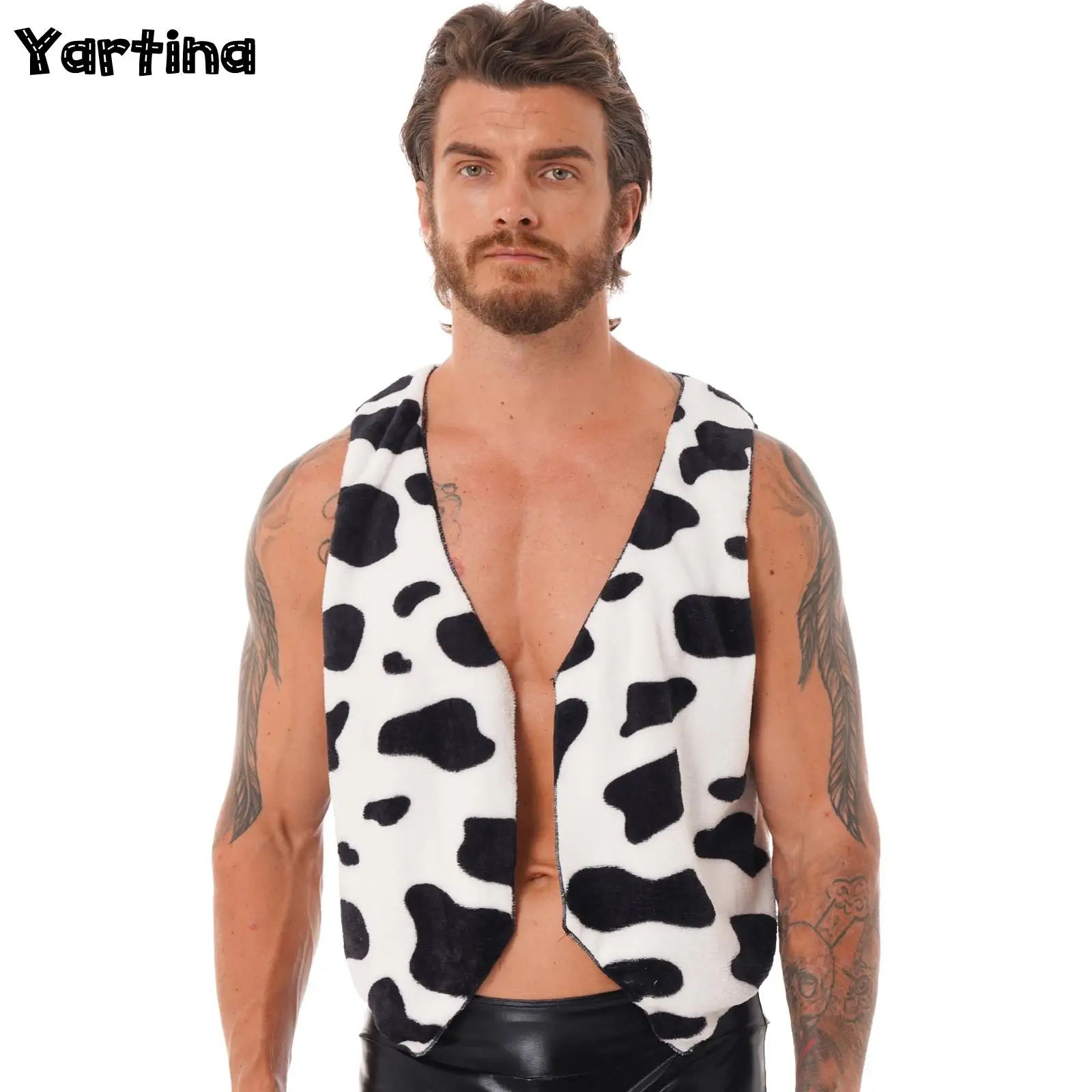 

Mens Hippie Cowboy Cosplay Costume Cardigan Tops Cow Print Vest Top Flannel Waistcoat Open Front Flannel Vintage Coat Jacket