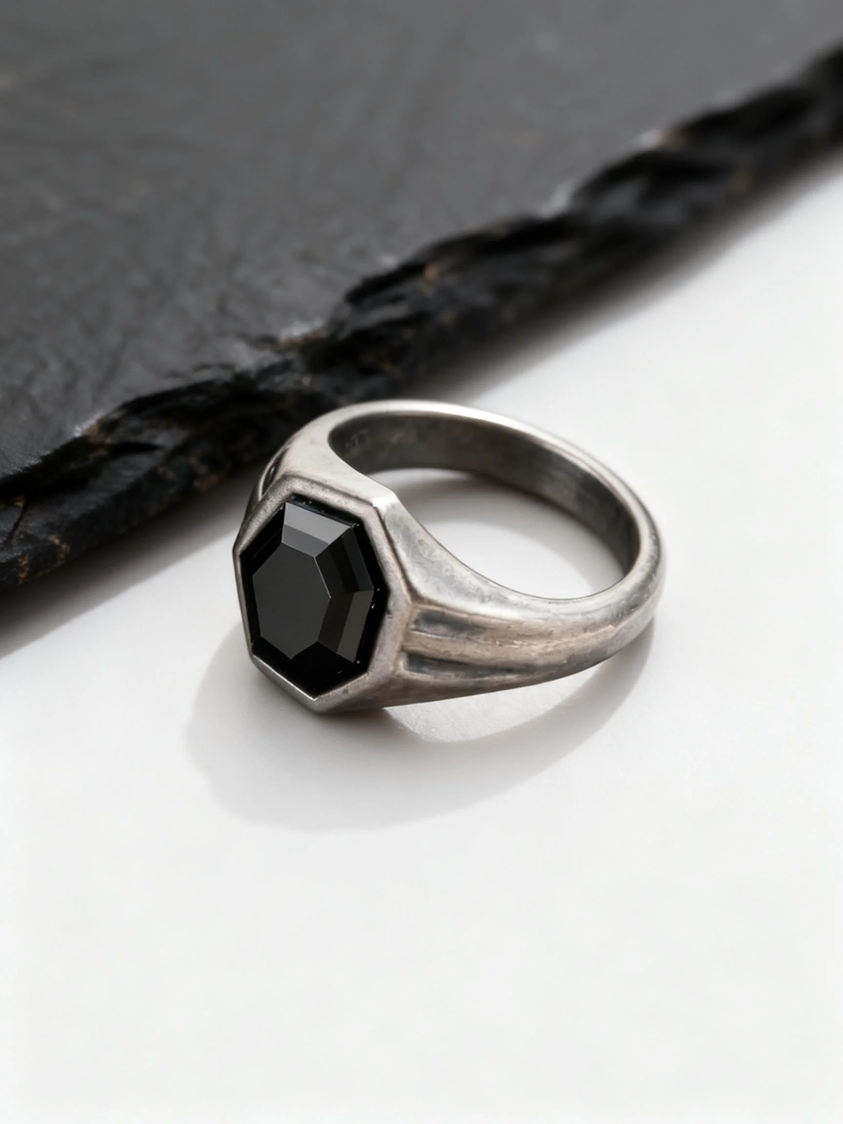 Anillo Hexagonal de Circonio Negro para Hombre, Acero Inoxidable, Color Plata Antigua, Banda Geométrica, Joyería Punk, Regalo