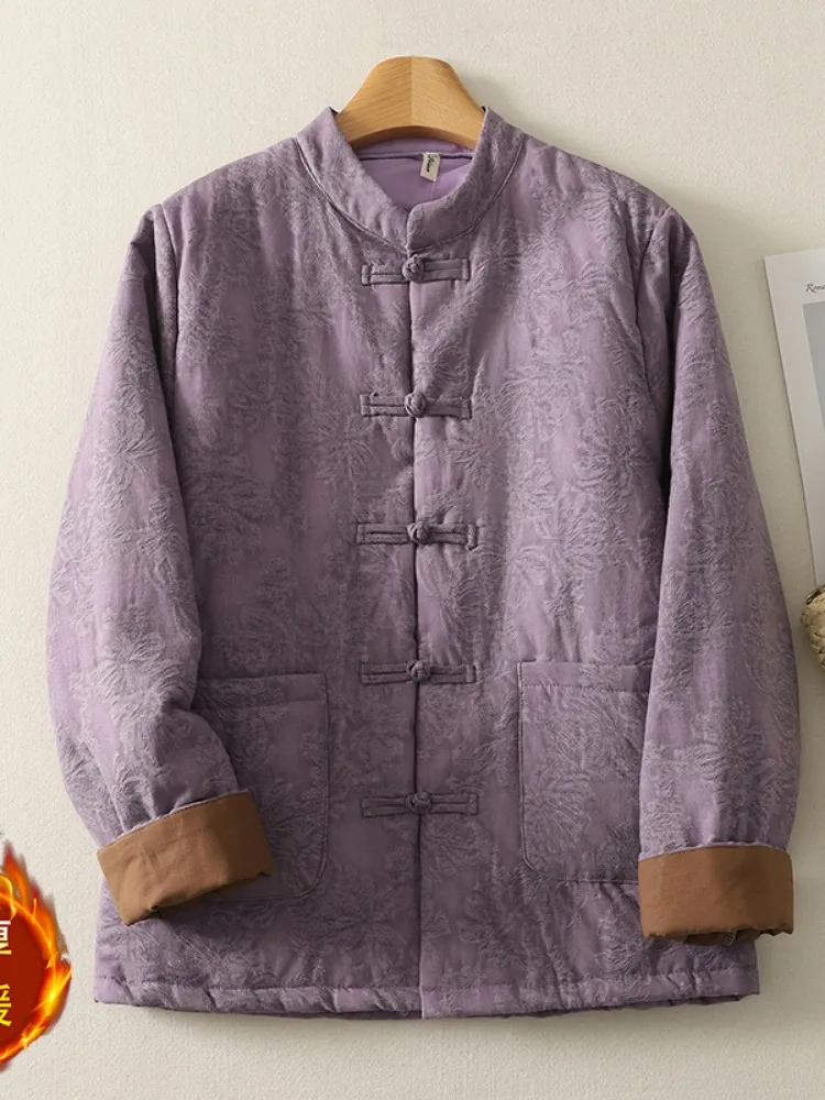 Thick Warm Cotton Linen Embroidered Women's Jacket Winter Casual Style Large Size Loose Fit Long Sleeve Single Button Coat