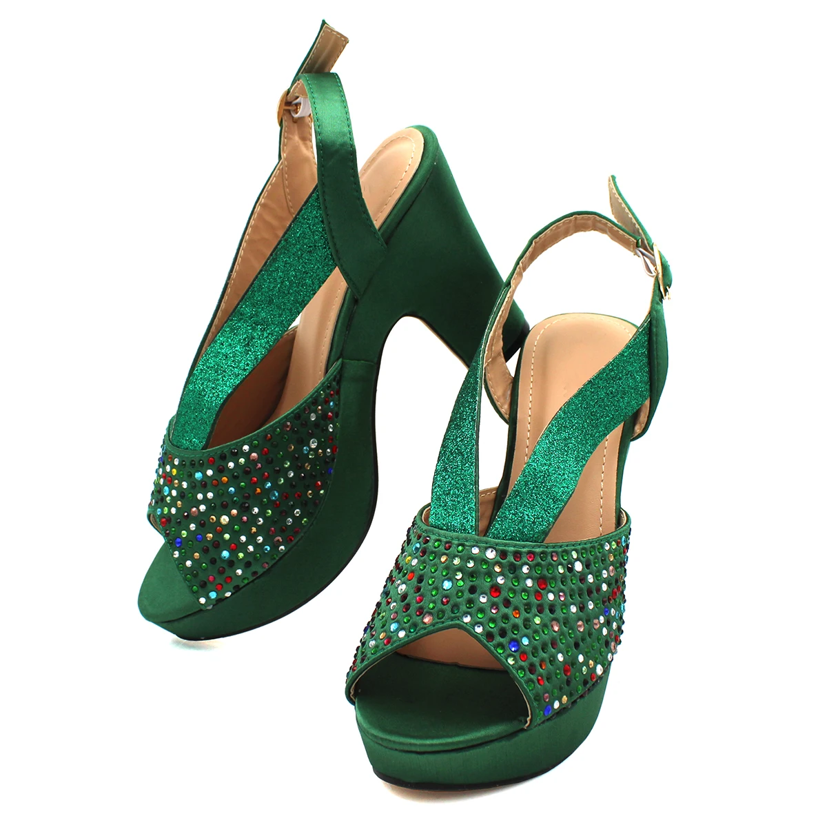 Green Color Peep Toe Colorful Rhinestones Design Ladies Shoes For Nigerian Women Party Sandals