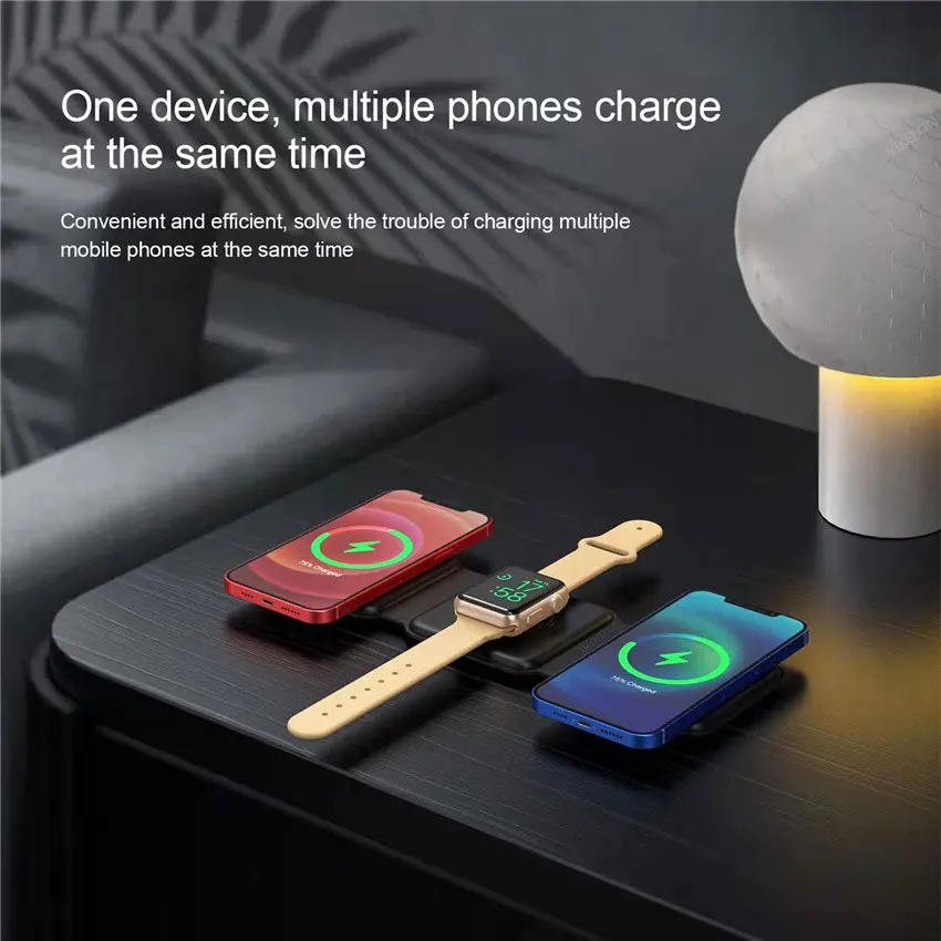 3 in 1 Magnetic Portable Wireless Charger Pad for iPhone 17 16 15 14 13 12 Pro Max Apple Watch AirPods Fast Charging Station view 5
