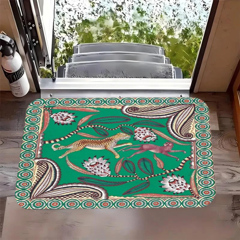 Alfombra de Entrada con Estampado de Leopardo y Mono en Fondo Verde, Antideslizante, Absorbente de Agua, para Decoración del Hogar