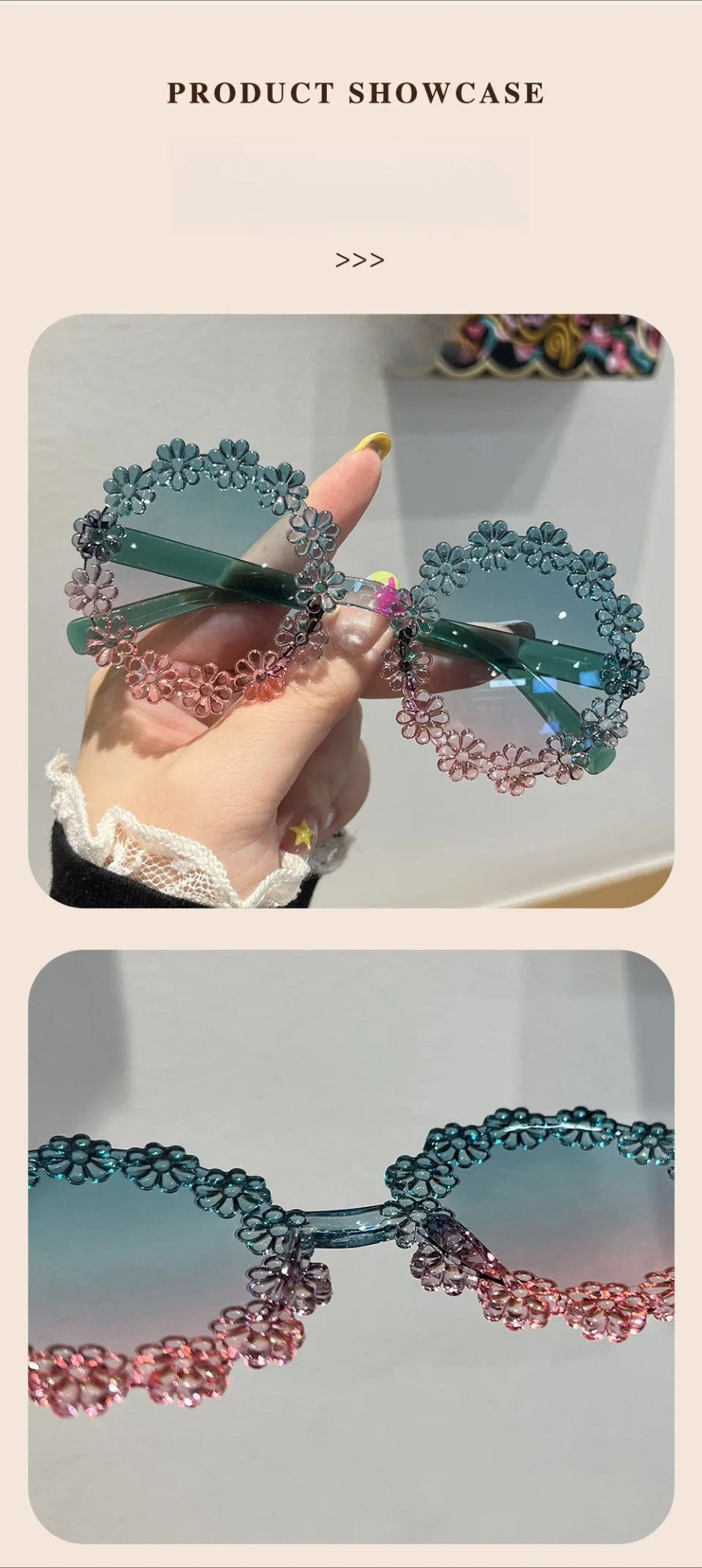 Blumenförmige Sonnenbrille für Mädchen, stilvolle mehrfarbige Dekor-Sonnenbrille für Kinder, trendige neue süße Kinder-Sonnenbrille – Detail 6