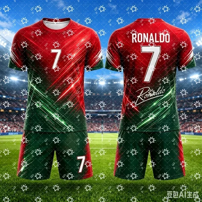 Men Ronaldo 7 Football Jersey Set Red Green Gradient Light Print Round Neck Short Sleeve Shirt Shorts 2-Piece Sports Outfit