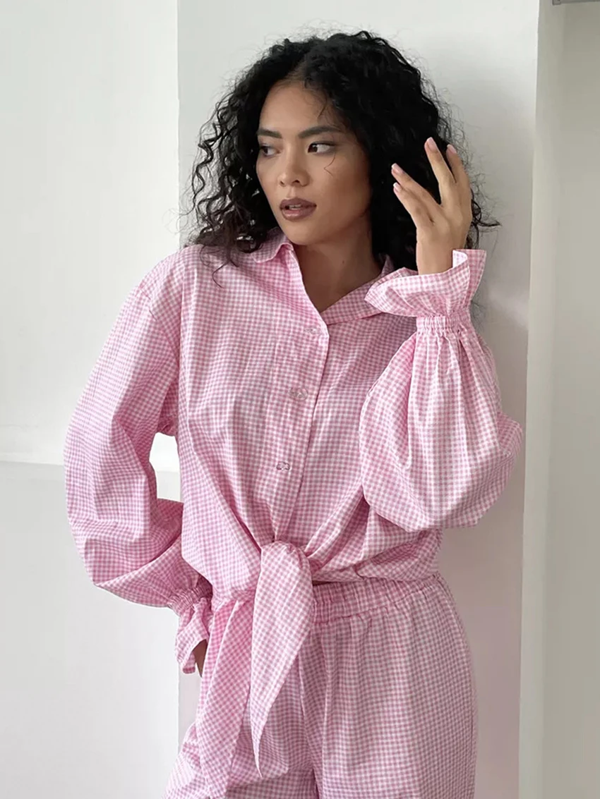 Marthaqiqi Plaid Pink Women Nightgowns Suit Turn-Down Collar Pajama Long Sleeve Nightwear Pants Causal Autumn Ladies Pajamas Set