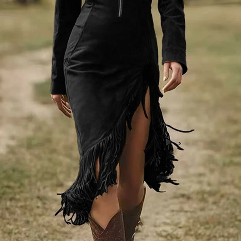 Western Retro Solid Suede Slit Tassel Dresses Woman Turn-down Collar Zipper Slim Hips Dress New Fall Long Sleeve Irregular Dress - AliExpress 200000345 Western Retro Solid Suede Slit Tassel Dresses Woman Turn-down Collar Zipper Slim Hips Dress New Fall Long Sleeve Irregular Dress - AliExpress 200000345