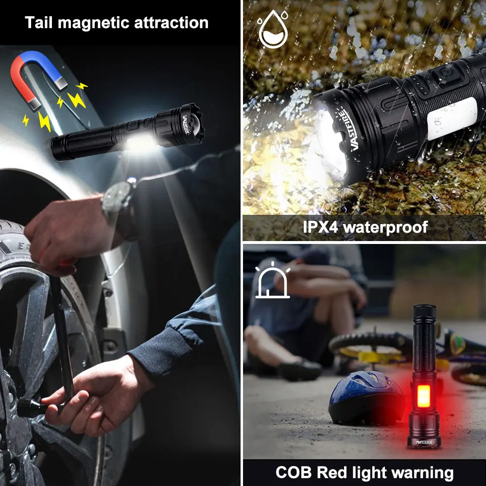 3in1 LED Flashlight with COB Sidelight Rechargeable Magnetic Torch Zoom Waterproof Ultraviolet Light Flashlight for Pets Camping