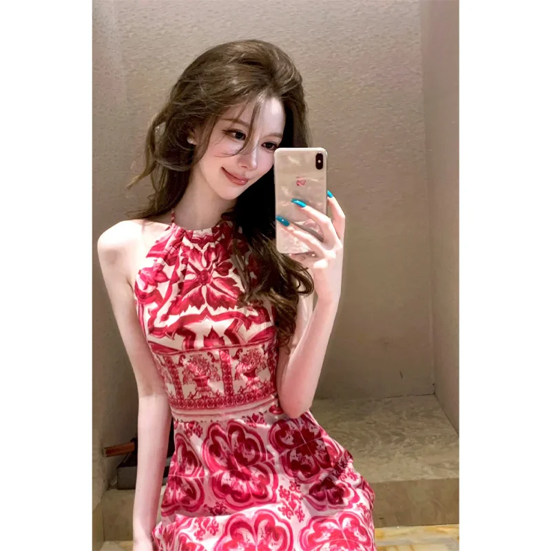 

Design Sense Red Halter Neck Printed Dress for Women Summer French Elegant Unique Beautiful Tea Break Long Dress