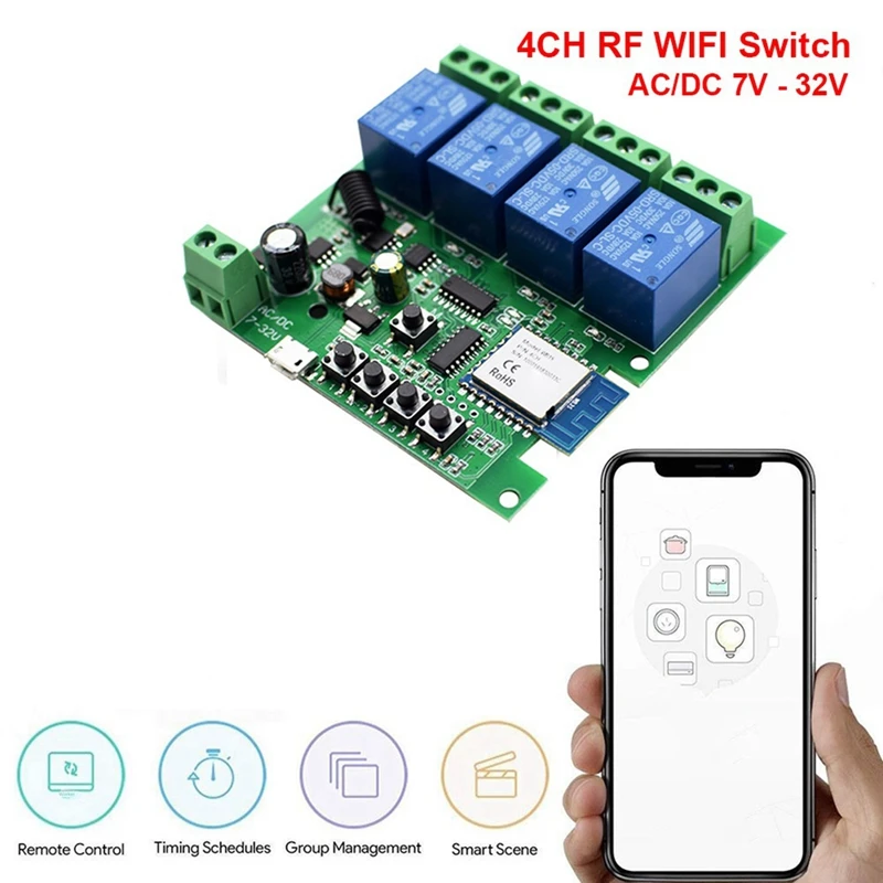 

1 PCS Tuya APP Smart Home Remote Control Module Green Plastic Switch Four-Channel Multi-Channel 5V12V 24V For Alexa Google Home