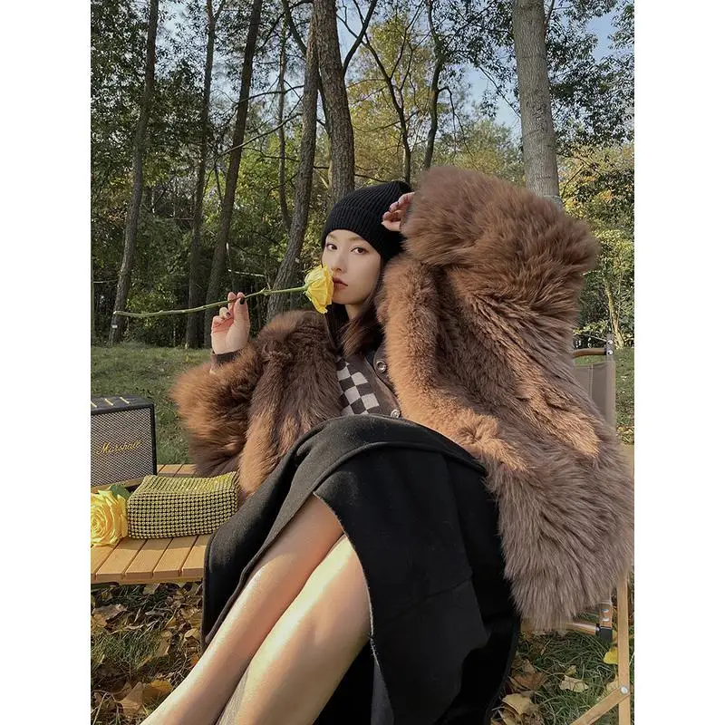 Fashion Wool Coat Women Autumn and Winter New Hooded Jacket Women Imitation Fur Velvet Coat Women Mid Length Winter Coat Trench