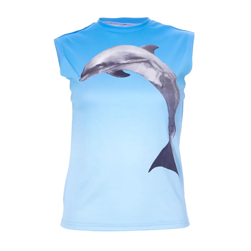 T-shirt imprimé dauphin pour femmes Y23tp048 2025, haut décontracté, matériau de qualité, ajustement confortable pour dames