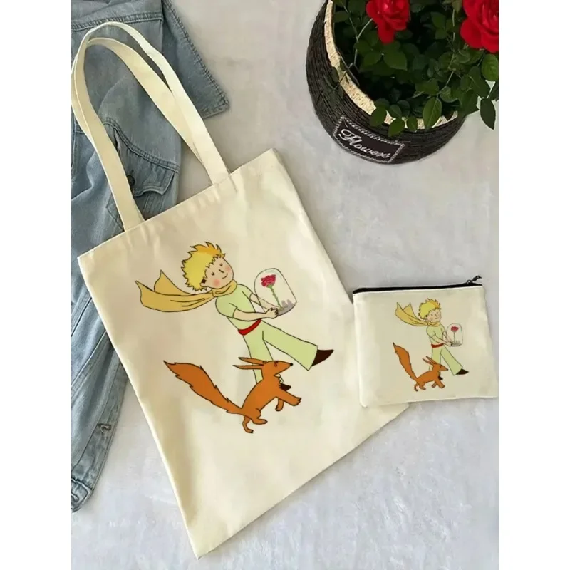 2Pcs Y2K Art Harajuku Women's Tote Cosmetic Bag Little Prince Earth Space Fashion Shoulder Bag Eco Large Capacity Shopping Bag