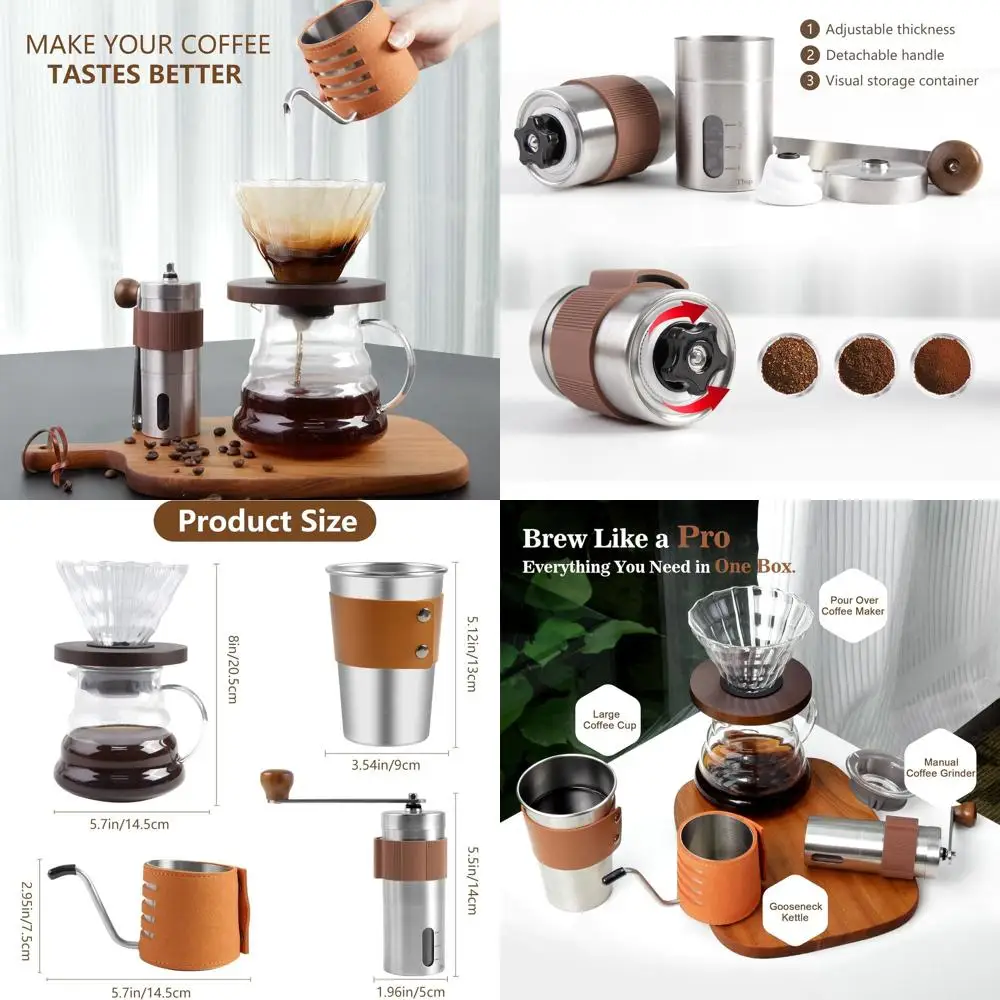 

Портативный кофейный набор из 4 предметов: чайник на гибкой стойке, кофемолка, графин на 500 мл и крышка для пивоварения для дома и путешествий.