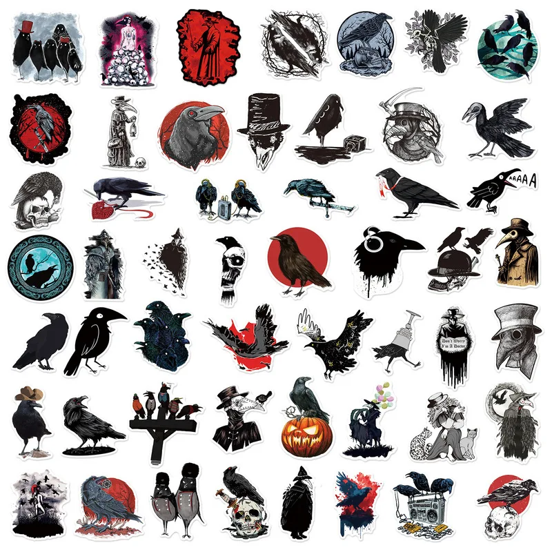 10/25/50pcs Terror Crow Sticker Animal Bird Serie Black Cartoon Graffiti Stickers decalcomania impermeabile Car Waterbottle adesivo per adulti