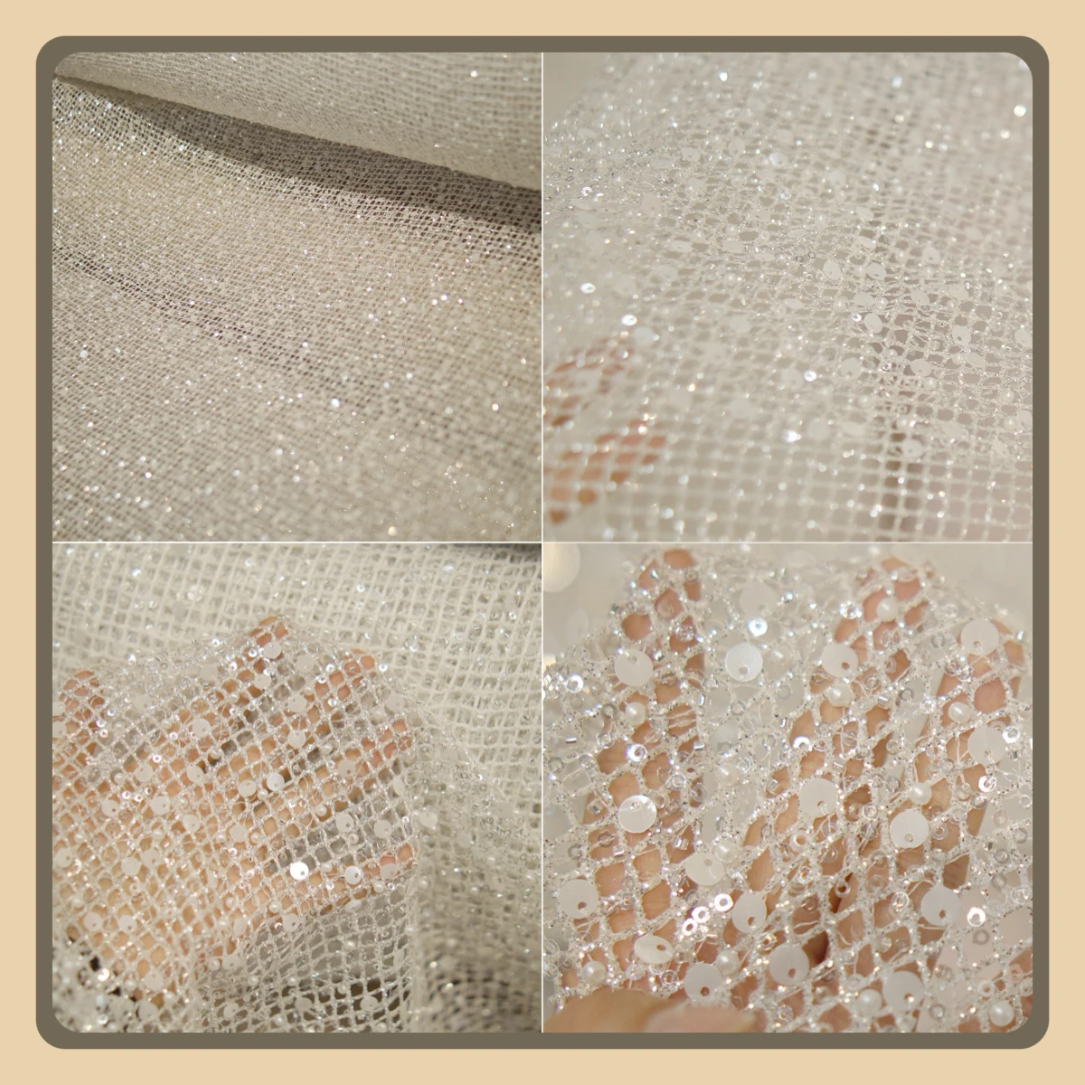 

White Sequin Mesh Fabric Elegant Sparkling Net for Wedding Dress Evening Gown Stage Performance Dreamy Noble Style Material