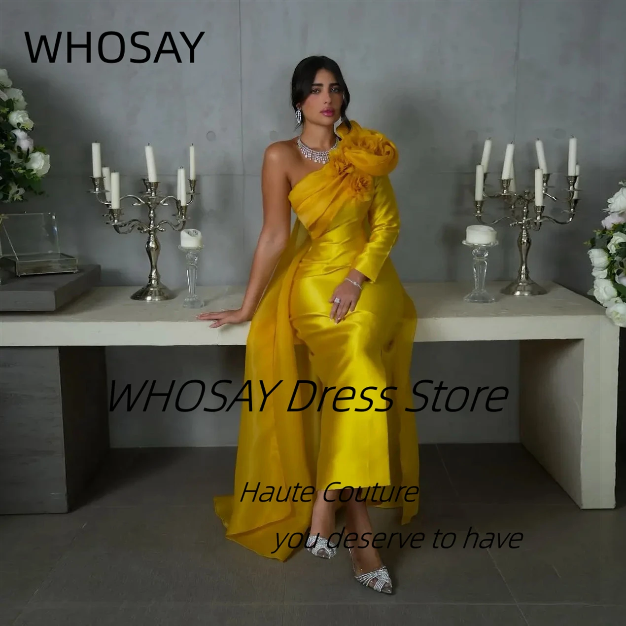 WHOSAY Saudi Arabia Prom Party Dresses Flowers One Shoulder Bespoke Special Occasion Dress with Shawls Long Sleeve Evening Gowns