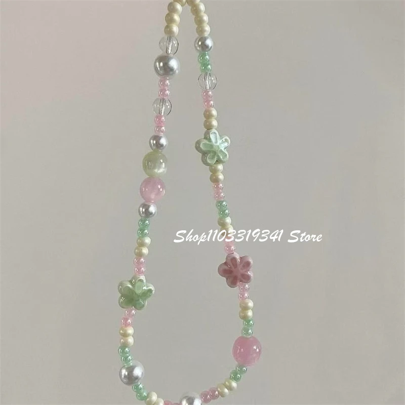 Korean Cute Green Pink Flower Beaded Phone Charms Chain For Phone Accessories Phone Strap Anti-Lost Sweet Lanyard Hanging Rope