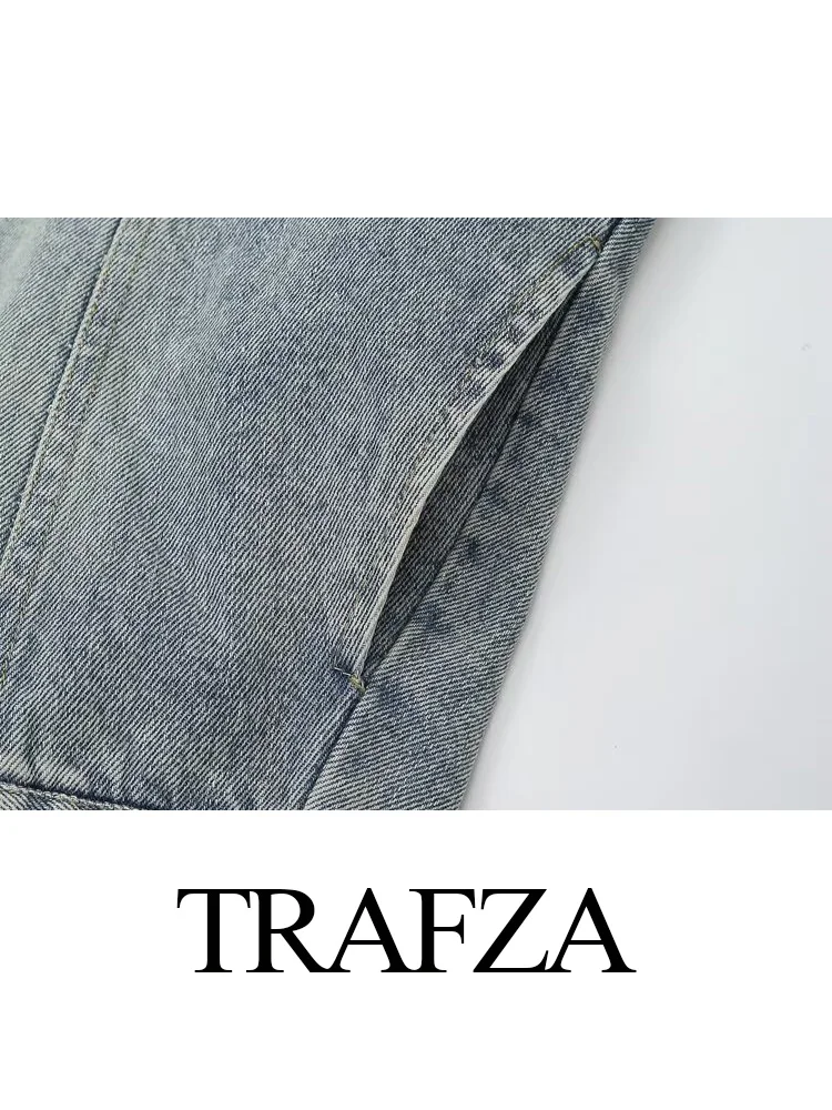 TRAFZA ฤดูใบไม้ร่วงผู้หญิงหลวมแขนยาวกระเป๋า DENIM แจ็คเก็ตหญิง Turn-Down COLLAR SINGLE Breasted High Street JACKET