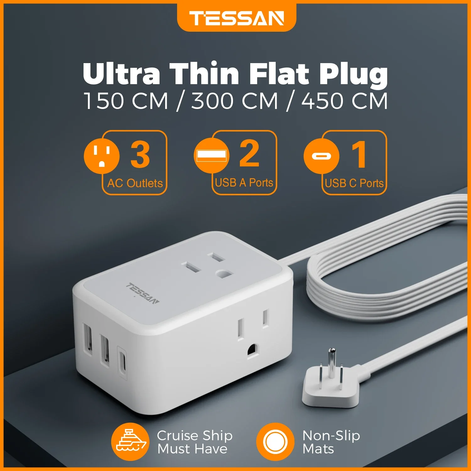 TESSAN Ultra Thin Power Strip with 3 Outlets and 3 USB Ports 5FT Ultra Thin Extension Cord Charger for Cruise Travel Office Home