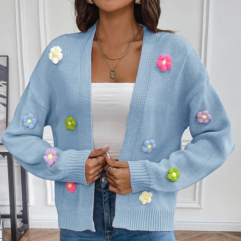 2023 Autumn and Winter Women\'s New Fashion Hand Hook Flower Sweet Knitted Cardigan Casual Loose Comfortable Versatile Sweater