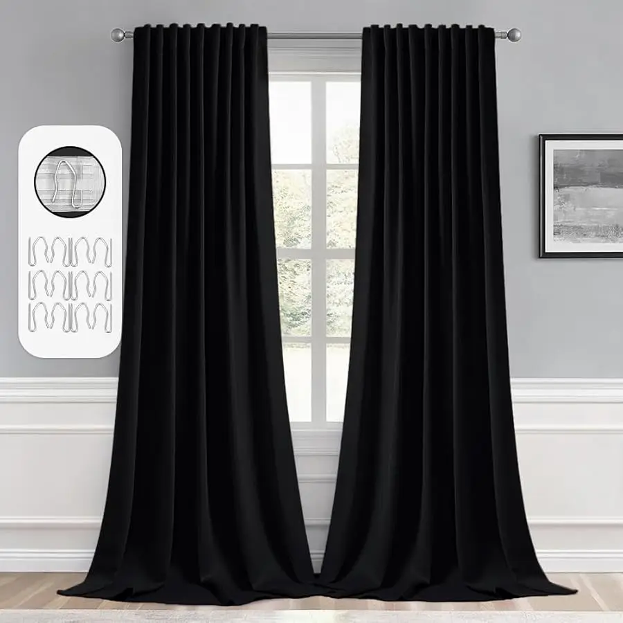 

2 Panels Back Tab Blackout Curtains 96 Inch Long for Li ing Room Bedroom, Halloween Black Rod Pocket/Pinch Pleated Thermal Insul