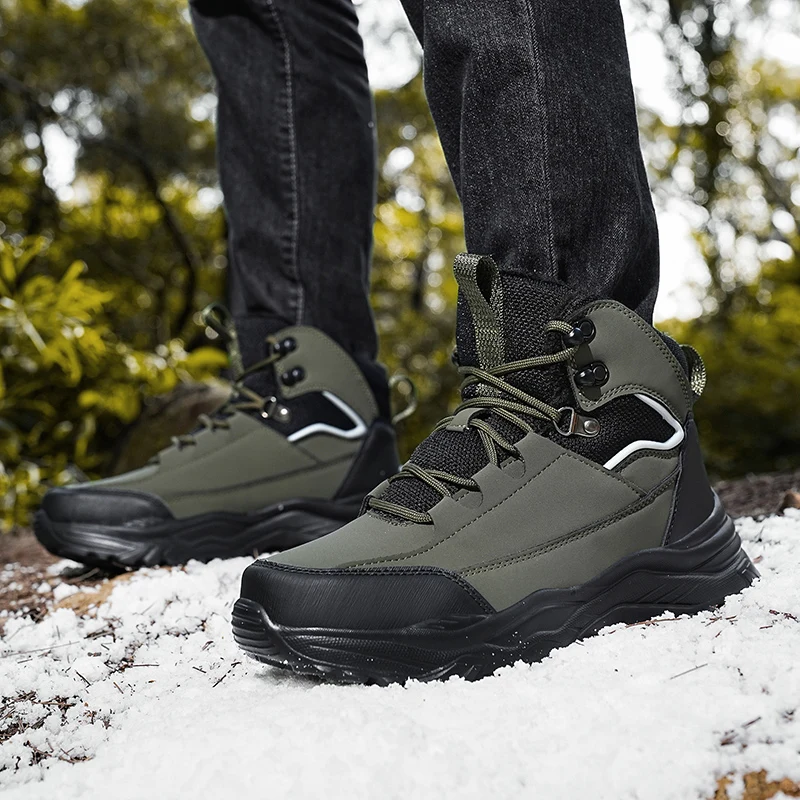 Botas cálidas de invierno para hombre, zapatos de senderismo con forro polar, zapatos altos con cordones, botas de Trekking antideslizantes para exteriores con forro polar