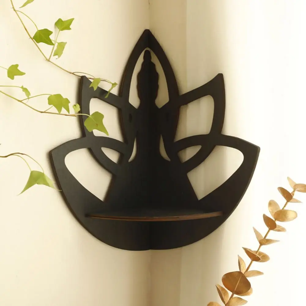 Wall Art Lotus Buddha Display Shelf Wooden Craft Black Hollow Buddha Display Stand Handmade Crystal Storage Holder Living Room