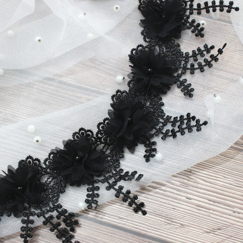 White 3D Chiffon Rose Lace Fabric Flower Pearl Beads Wedding Decor Lace Ribbon DIY Craft 8.5cm Wide