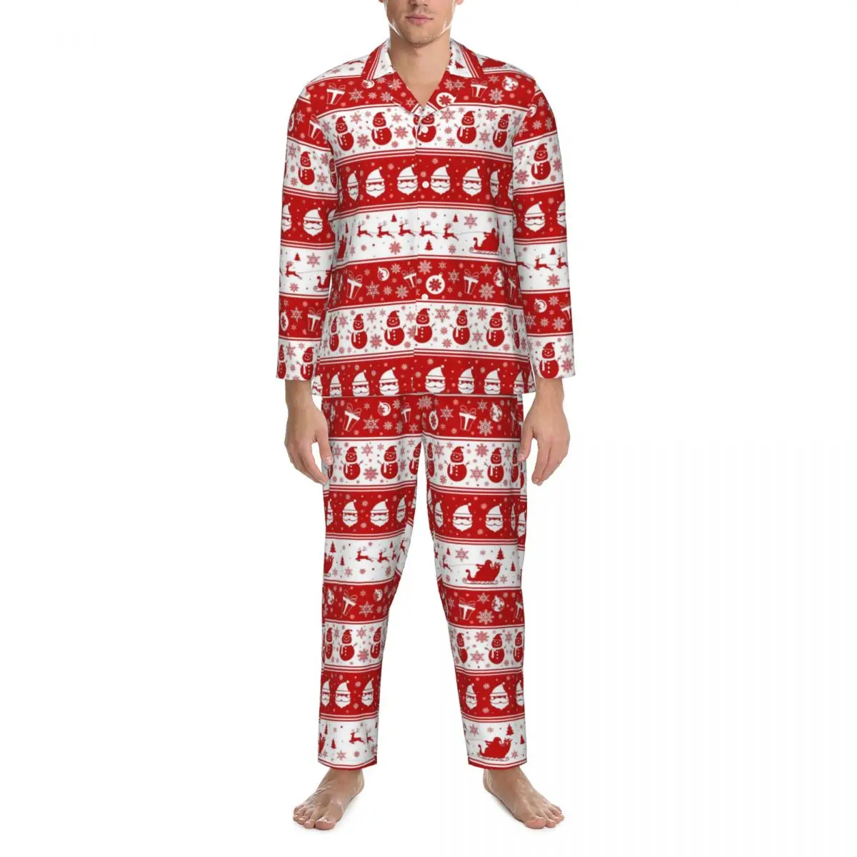 Merry Christmas Pajamas Men White And Red Santa Face and Snowman Leisure Nightwear Autumn 2 Pieces Vintage Design Pajama Set