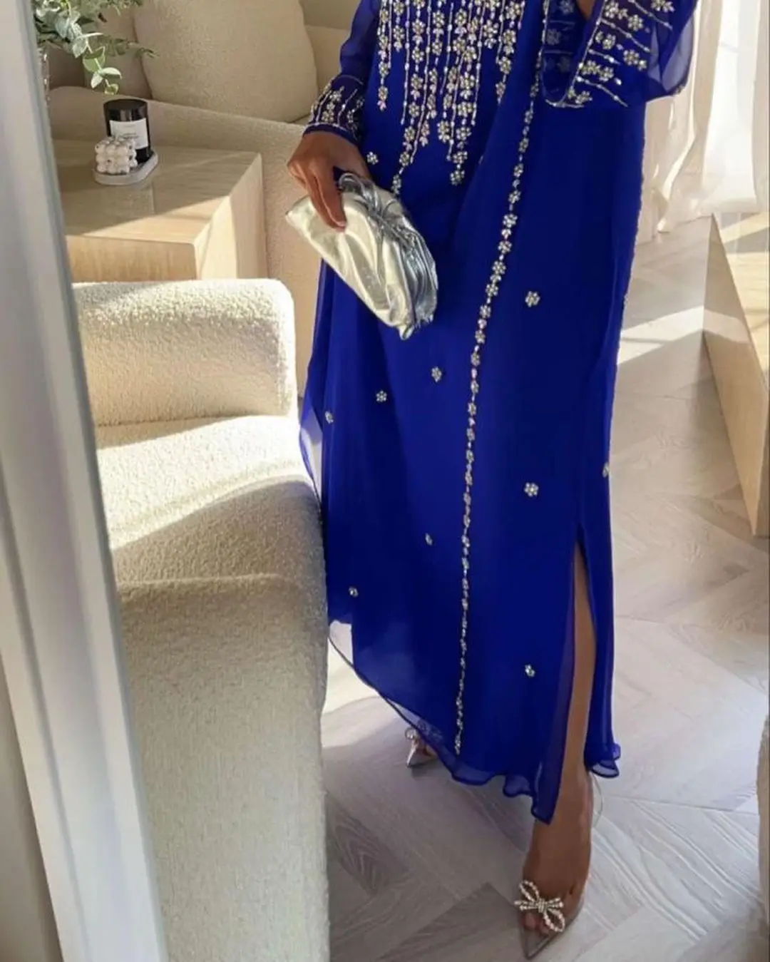 Customized Royal Blue Chiffon Half Sleeves Beaded Prom Dresses Ankle Length Party Dresses Special Occasion Dresses