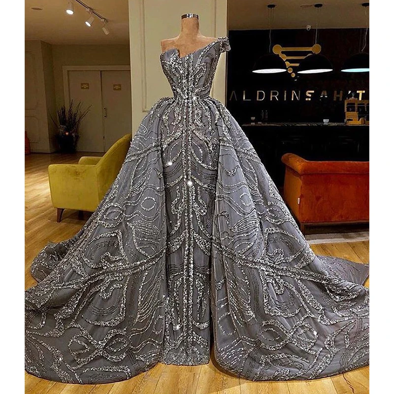 2023 Luxurious Mermaid Prom Dress Beading Lace Appliques With Detachable Train Evening Gown One Shoulder Robe De Soirée