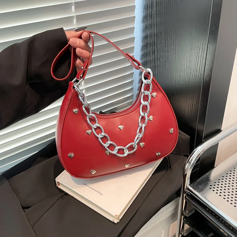 

Versatile Heart Decoration Underarm Bags for Women Simple Fashion Ladies Y2k Shoulder Bag Pu Leather Portable Female Handbags