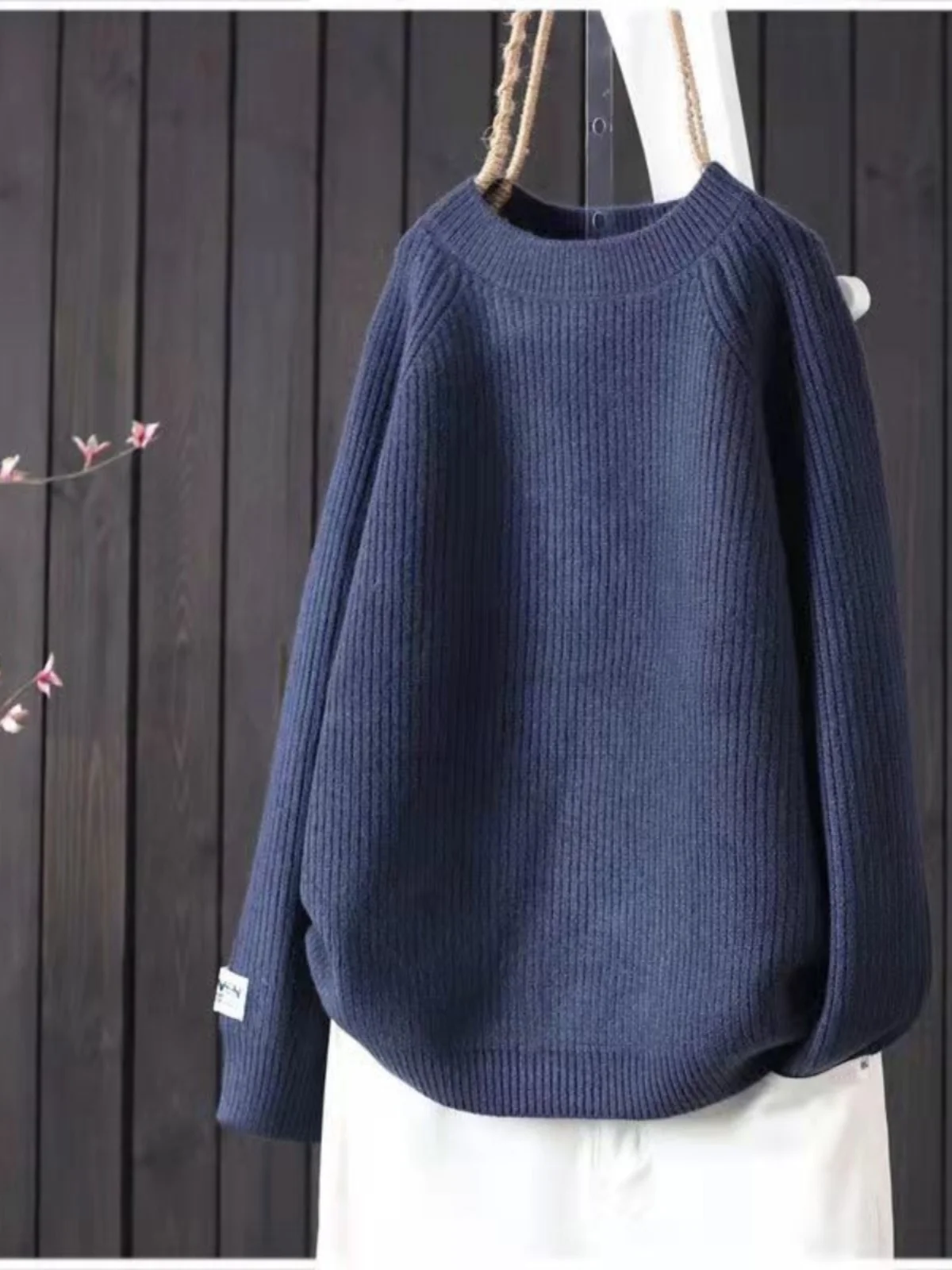 spring-autumn-new-loose-long-sve-overhead-knitted-pure-color-simple-artistic-women's-sweater-faionable-ear-cover