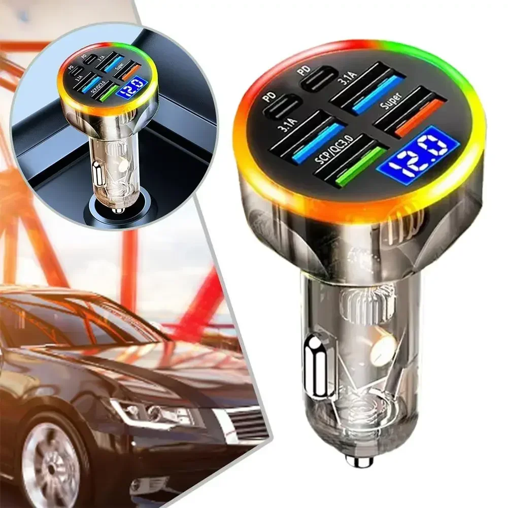 200W Car Charger 6 Ports Fast Charging with Digital Display PD QC3.0 USB C Quick Charging Adapter for IPhone Samsung Xiaomi Amag