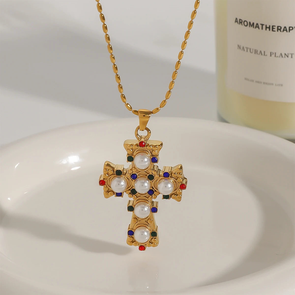 Uworld Dainty Cross Pendant Necklace Colored Zircon Pearl Cross Pendant Necklace Minimalist Religious Necklace Cross Jewelry Gif