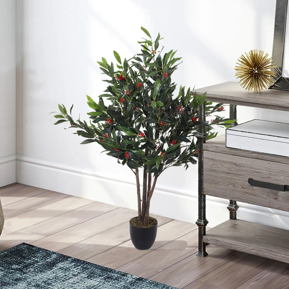 Artificial Plant 4 Branches Fake Olive Tree Home Decorative in Black Plastic Pot H120 cm