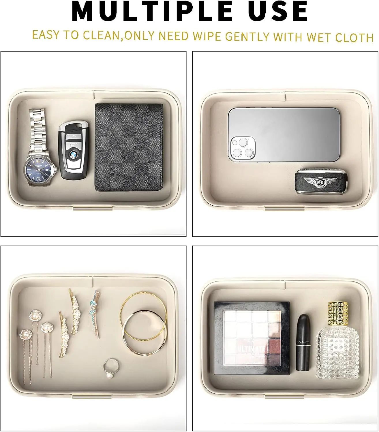 Luxury Leather Tray for Entryway Table – Grey Metal-Glided Organizer for Keys, Phone, Jewelry & Wallet