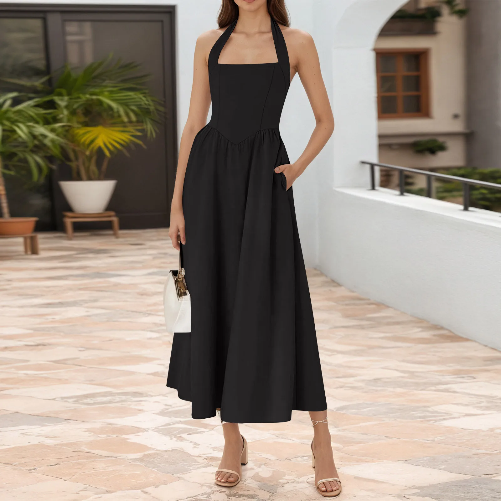 

Women's Vintage Halter Neck Tie Dress Fashion Solid Color Pocket Dress Elegant Holiday Dress Sleeveless Backless Summer Dress