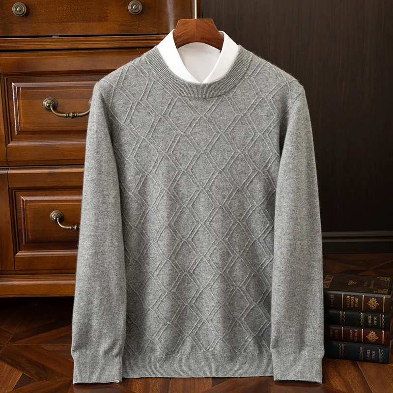 Men's 100% Cashmere Sweater Autumn Winter O-Neck Long Sleeve Pullover Rhombus Knit Cashmere Knitwear Argyle Smart Casual Tops